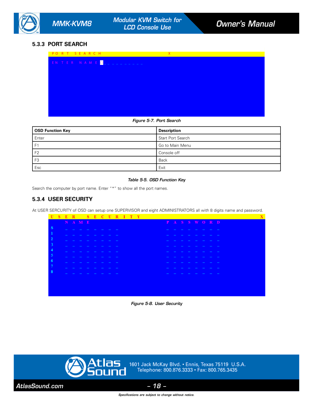 Atlas Sound MMK-KVM8 specifications User Security, OSD Function Key Description 