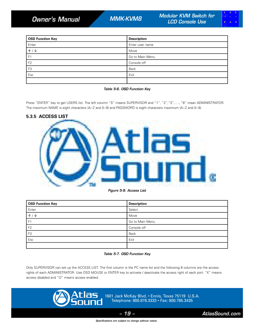 Atlas Sound MMK-KVM8 specifications Access List 