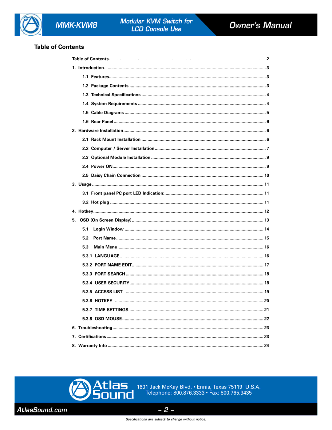 Atlas Sound MMK-KVM8 specifications Table of Contents 