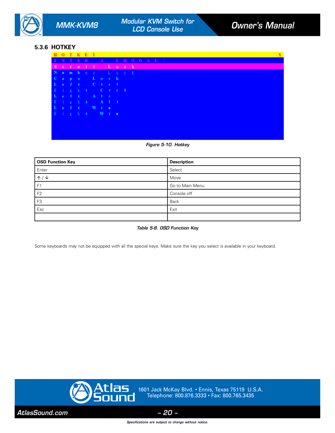 Atlas Sound MMK-KVM8 specifications Hotkey 