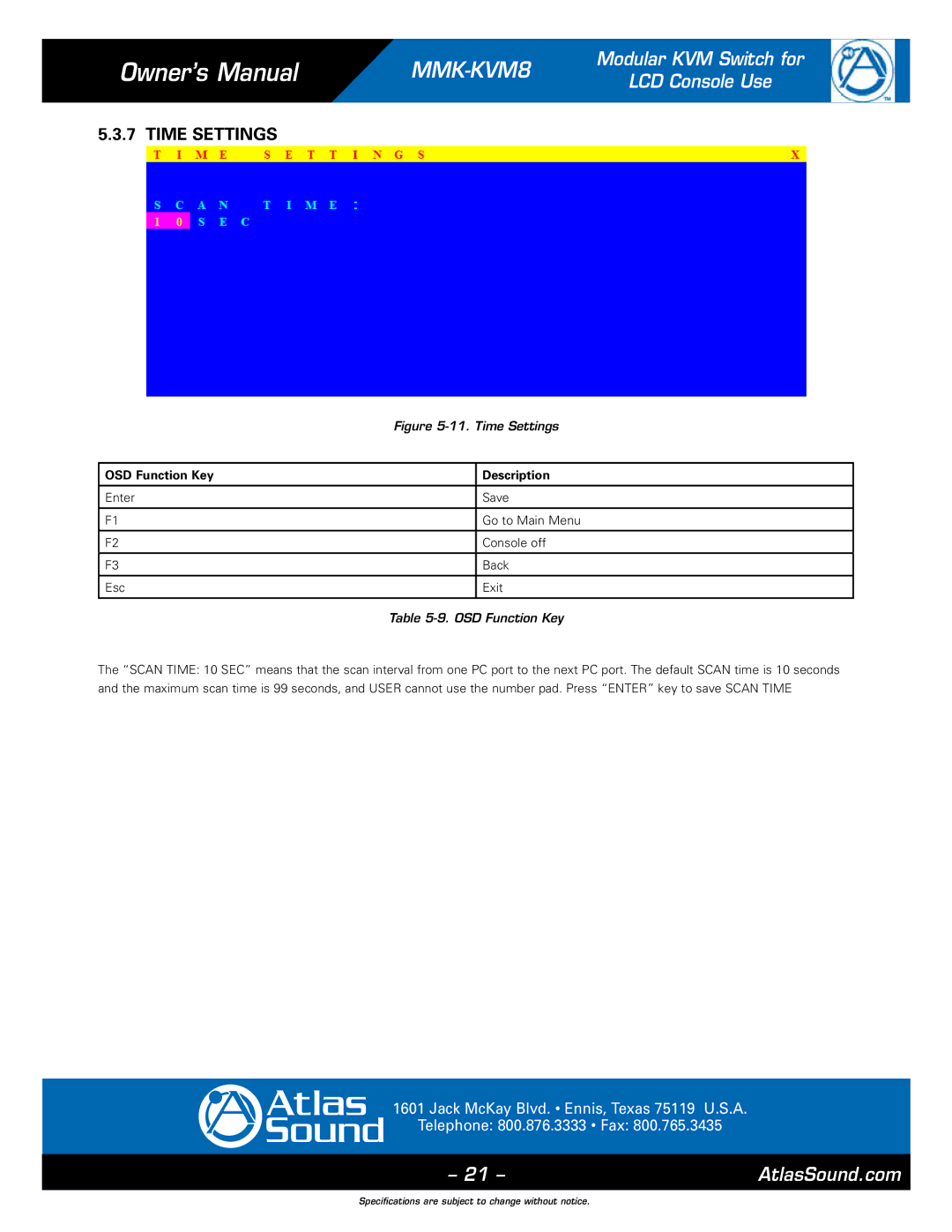 Atlas Sound MMK-KVM8 specifications Time Settings 