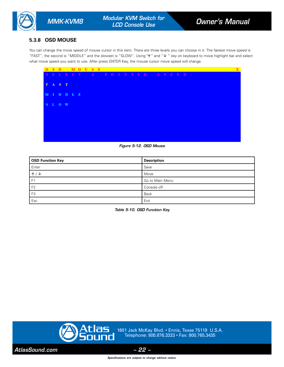 Atlas Sound MMK-KVM8 specifications Enter Save, Esc Exit 10. OSD Function Key 