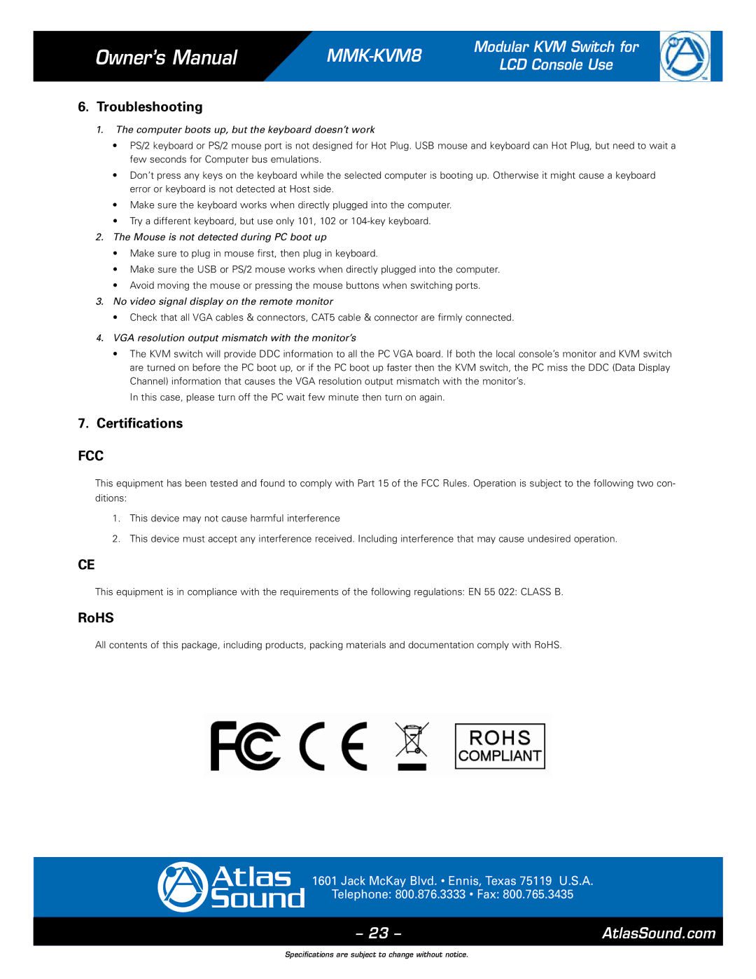 Atlas Sound MMK-KVM8 specifications Troubleshooting, Certifications, Fcc, RoHS 