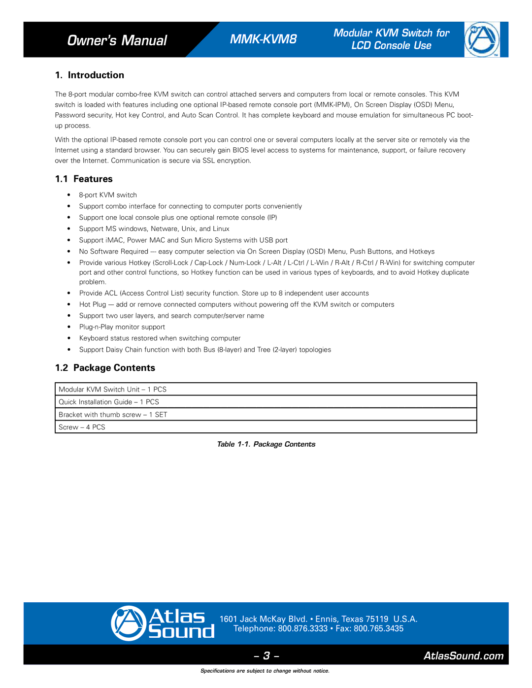 Atlas Sound MMK-KVM8 specifications Introduction, Features, Package Contents 