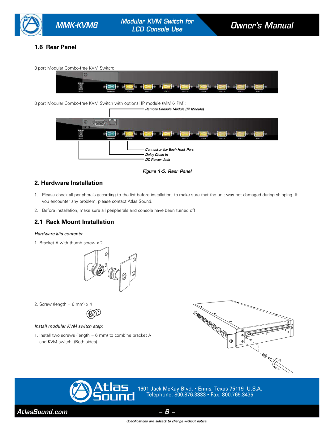 Atlas Sound MMK-KVM8 specifications Rear Panel, Hardware Installation, Rack Mount Installation, Hardware kits contents 