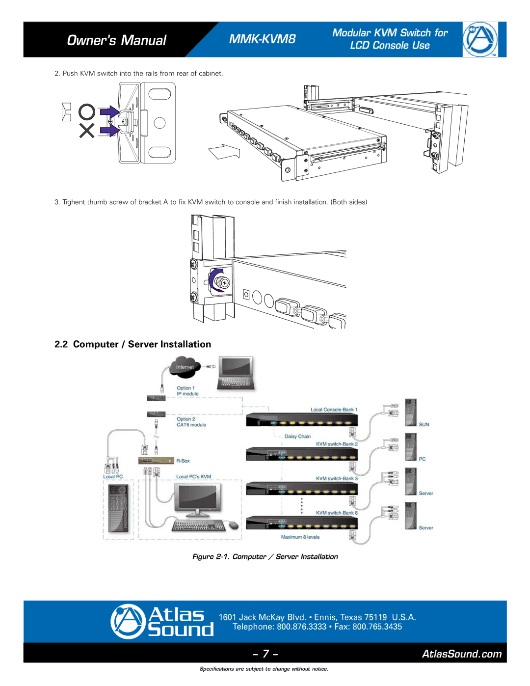 Atlas Sound MMK-KVM8 specifications Computer / Server Installation 