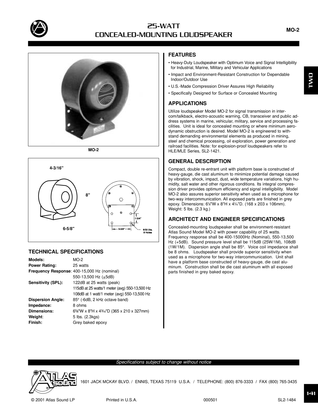 Atlas Sound MO-2 specifications Technical Specifications, Features, Applications, General Description 