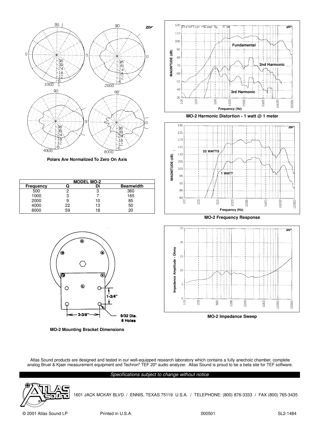 Atlas Sound specifications Polars Are Normalized To Zero On Axis, Frequency Beamwidth, MO-2 Mounting Bracket Dimensions 