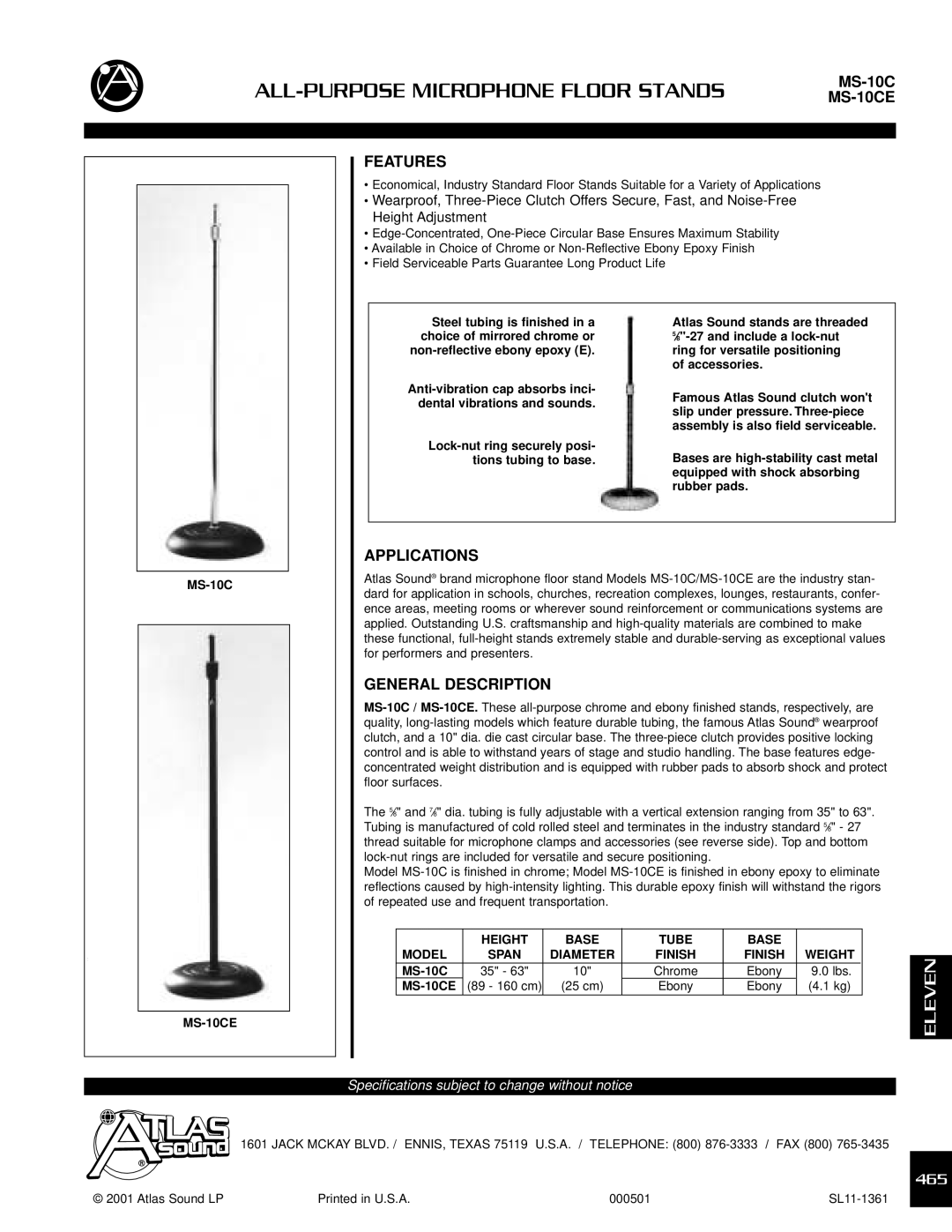 Atlas Sound MS-10CE specifications Features, Applications, General Description 