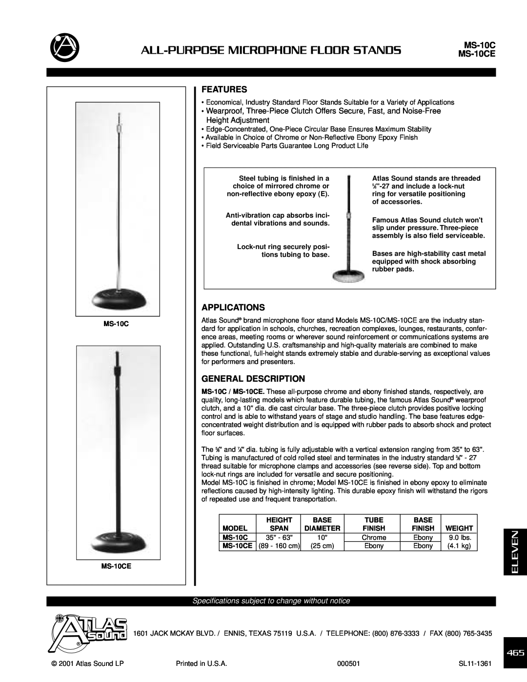 Atlas Sound MS-10CE specifications Features, Applications, General Description, All-Purposemicrophone Floor Stands 