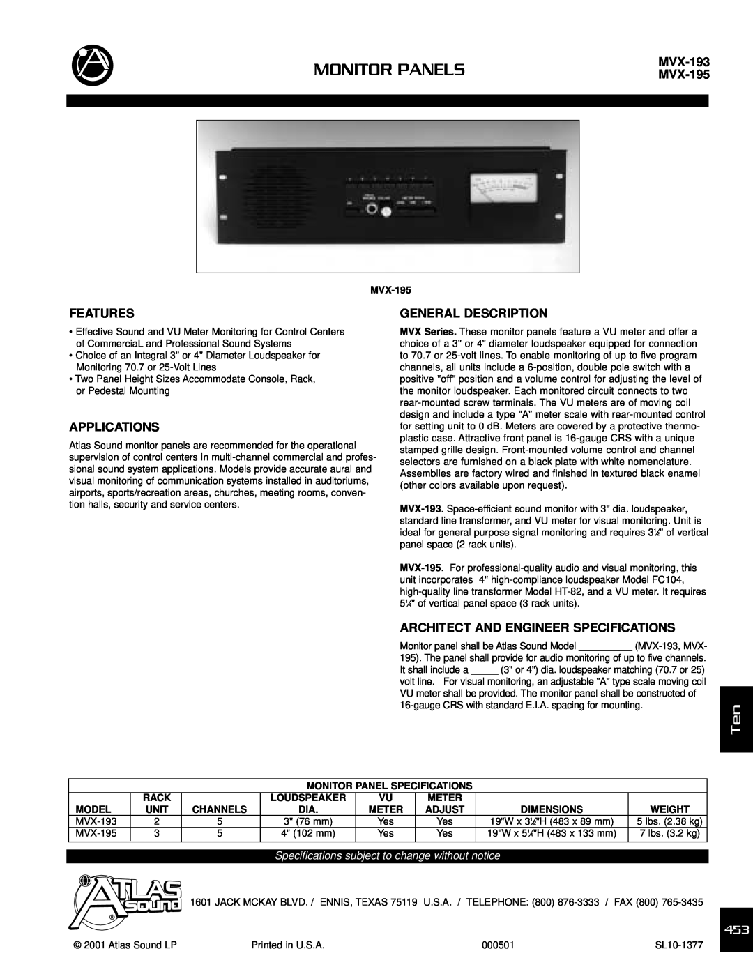 Atlas Sound specifications Monitor Panels, MVX-193 MVX-195, Features, Applications, General Description 