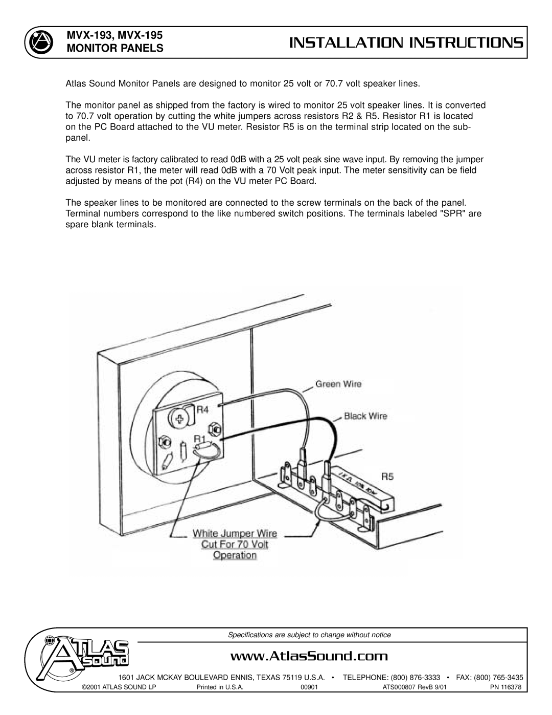 Atlas Sound MVX-193 installation instructions Installation Instructions 