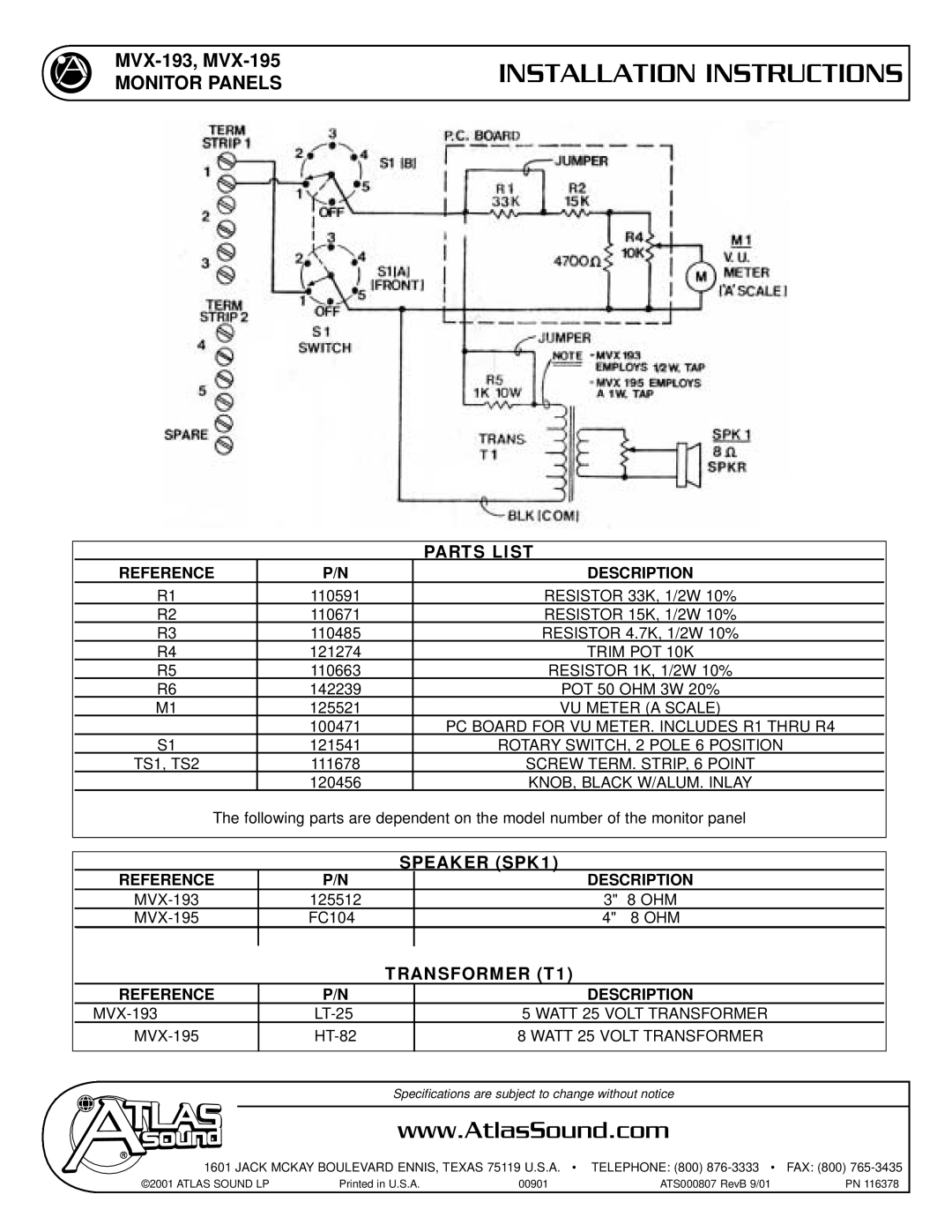 Atlas Sound MVX-193 installation instructions Parts List, Speaker SPK1, Transformer T1, Reference Description 