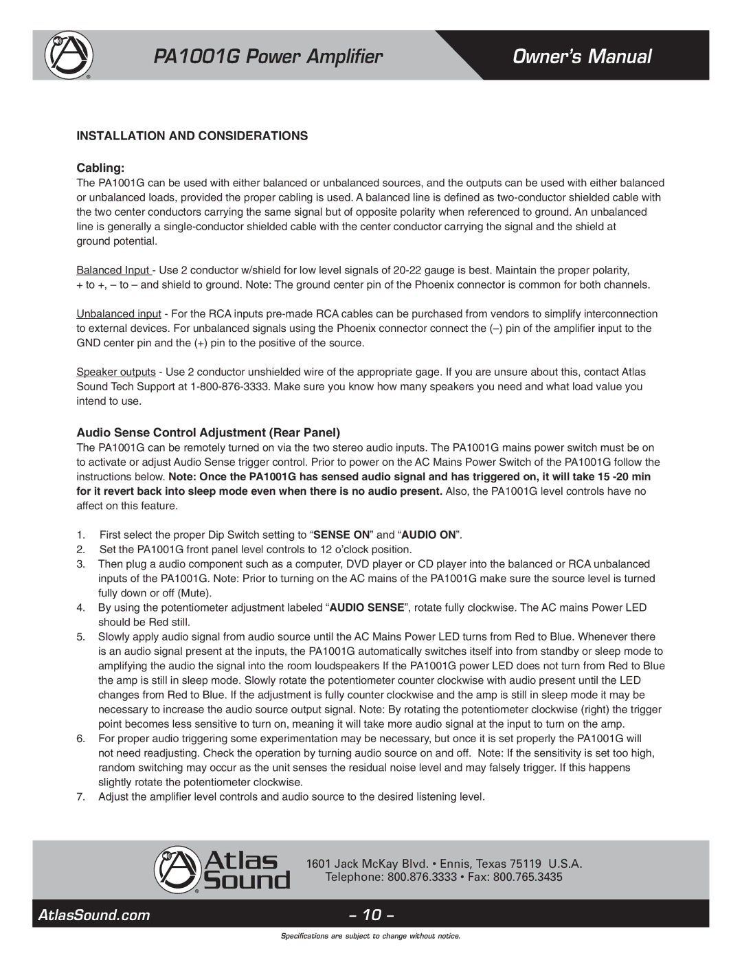 Atlas Sound PA1001G specifications Installation and Considerations Cabling, Audio Sense Control Adjustment Rear Panel 