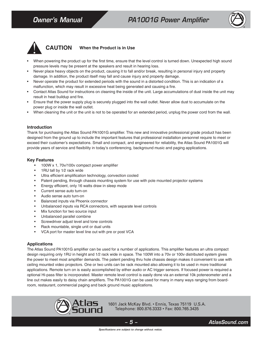 Atlas Sound PA1001G specifications Introduction, Key Features, Applications 