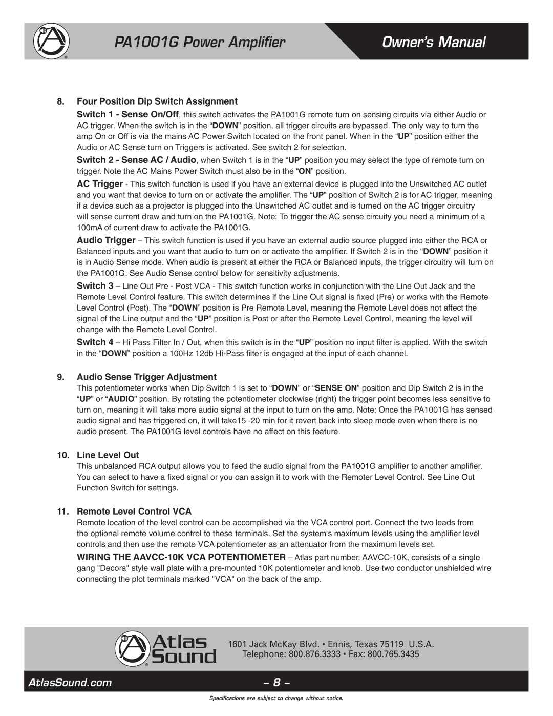 Atlas Sound PA1001G specifications Four Position Dip Switch Assignment, Audio Sense Trigger Adjustment, Line Level Out 