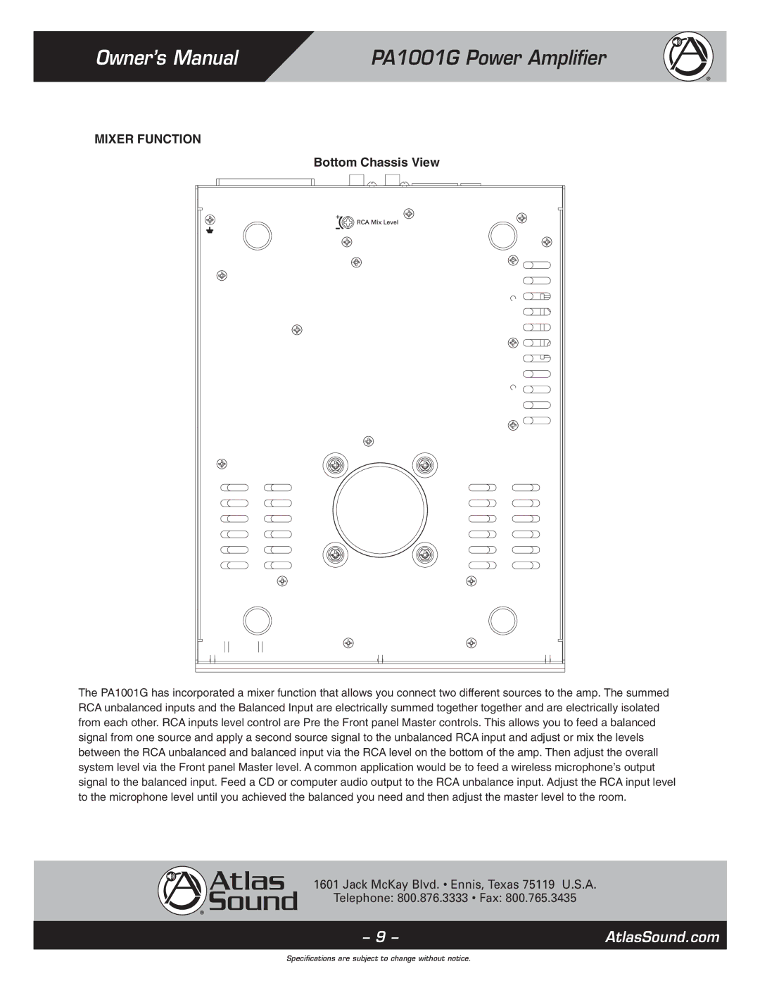 Atlas Sound PA1001G specifications Mixer Function Bottom Chassis View 