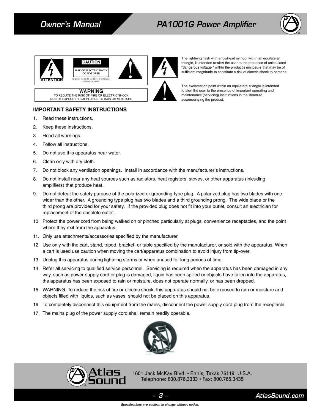Atlas Sound Important Safety Instructions, PA1001G Power Amplifier, Jack McKay Blvd. Ennis, Texas 75119 U.S.A 