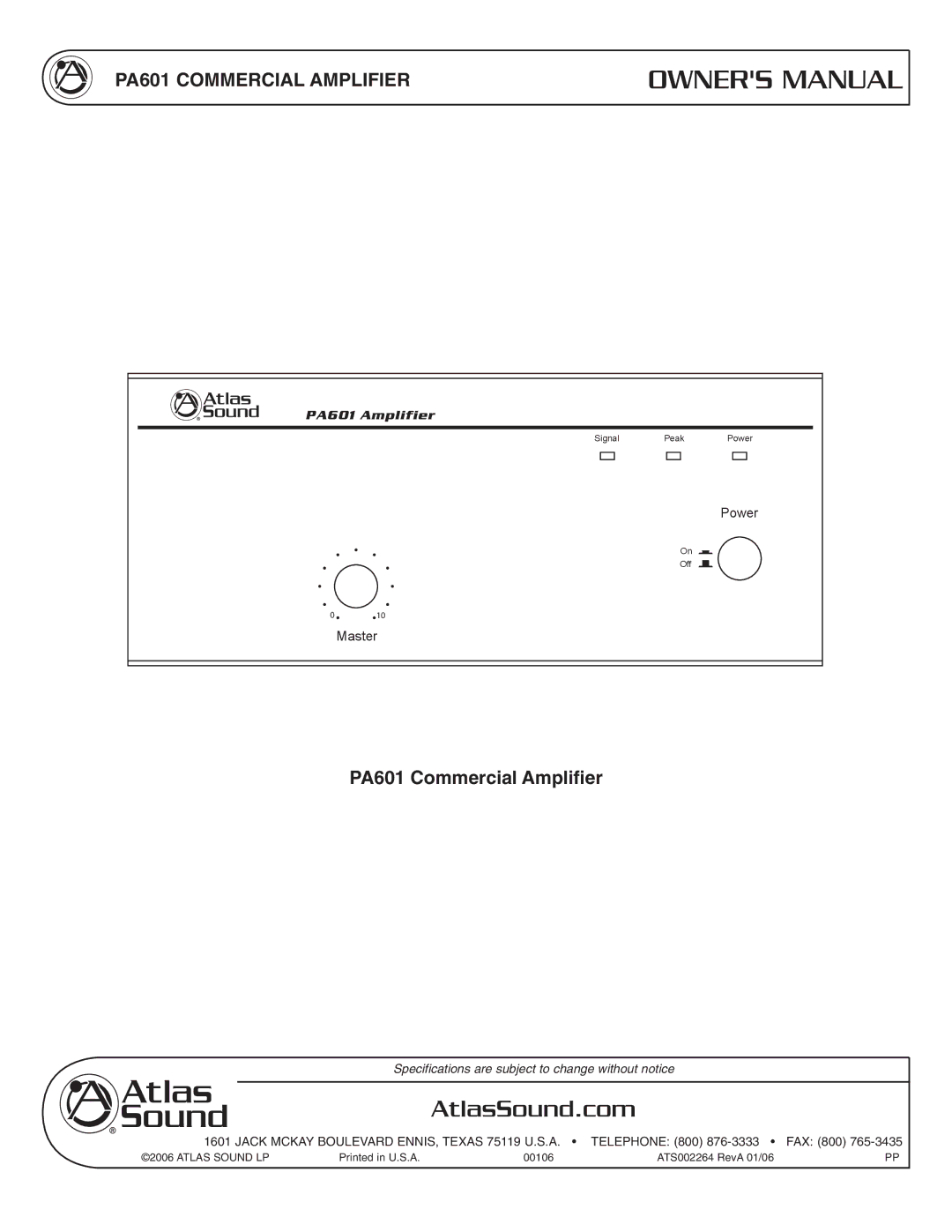 Atlas Sound specifications AtlasSound.com, PA601 Commercial Amplifier 