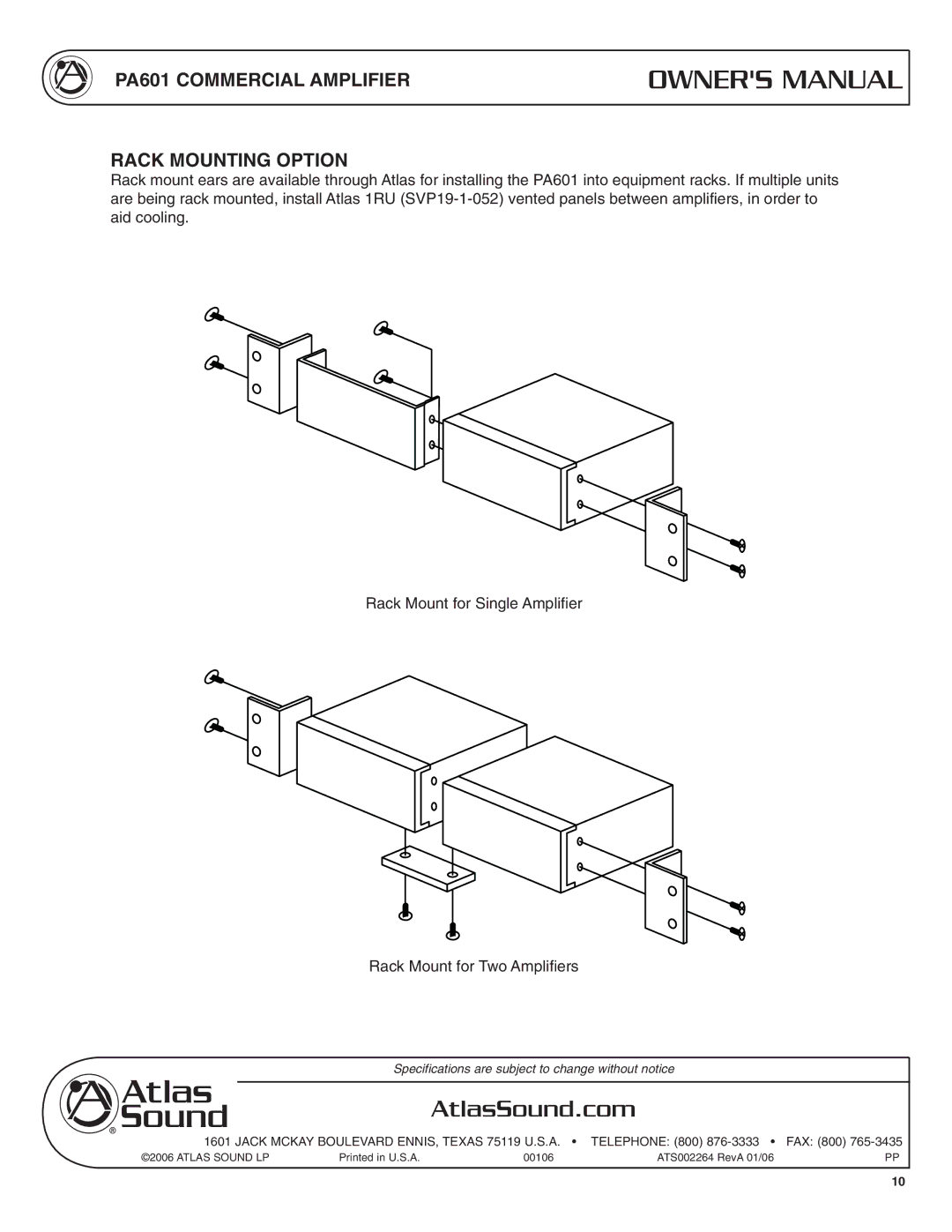 Atlas Sound specifications PA601 Commercial Amplifier Rack Mounting Option 