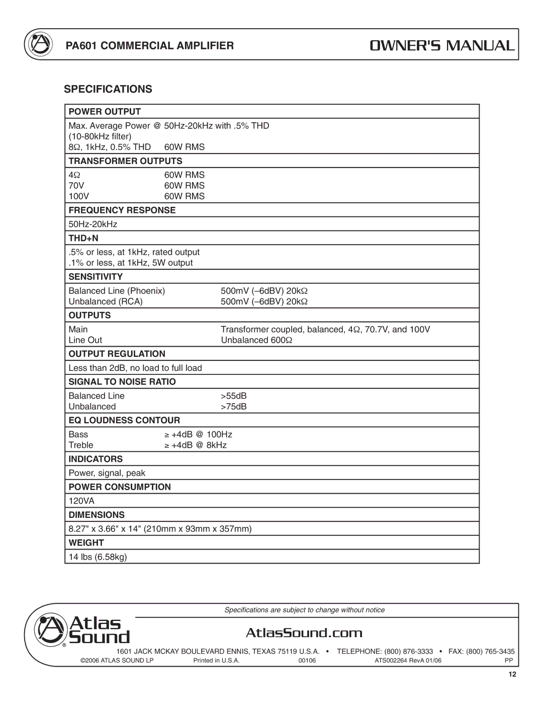 Atlas Sound specifications PA601 Commercial Amplifier Specifications 