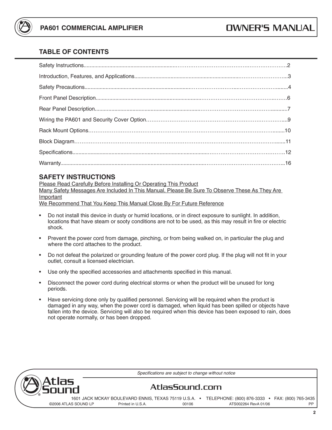 Atlas Sound specifications PA601 Commercial Amplifier Table of Contents, Safety Instructions 