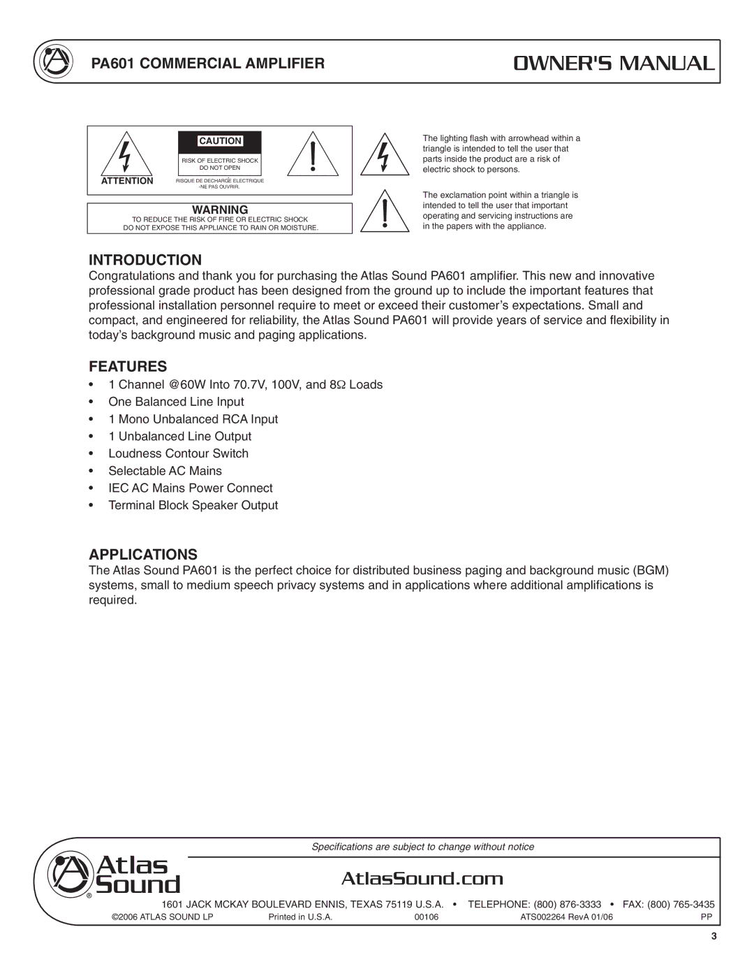 Atlas Sound PA601 specifications Introduction, Features, Applications 