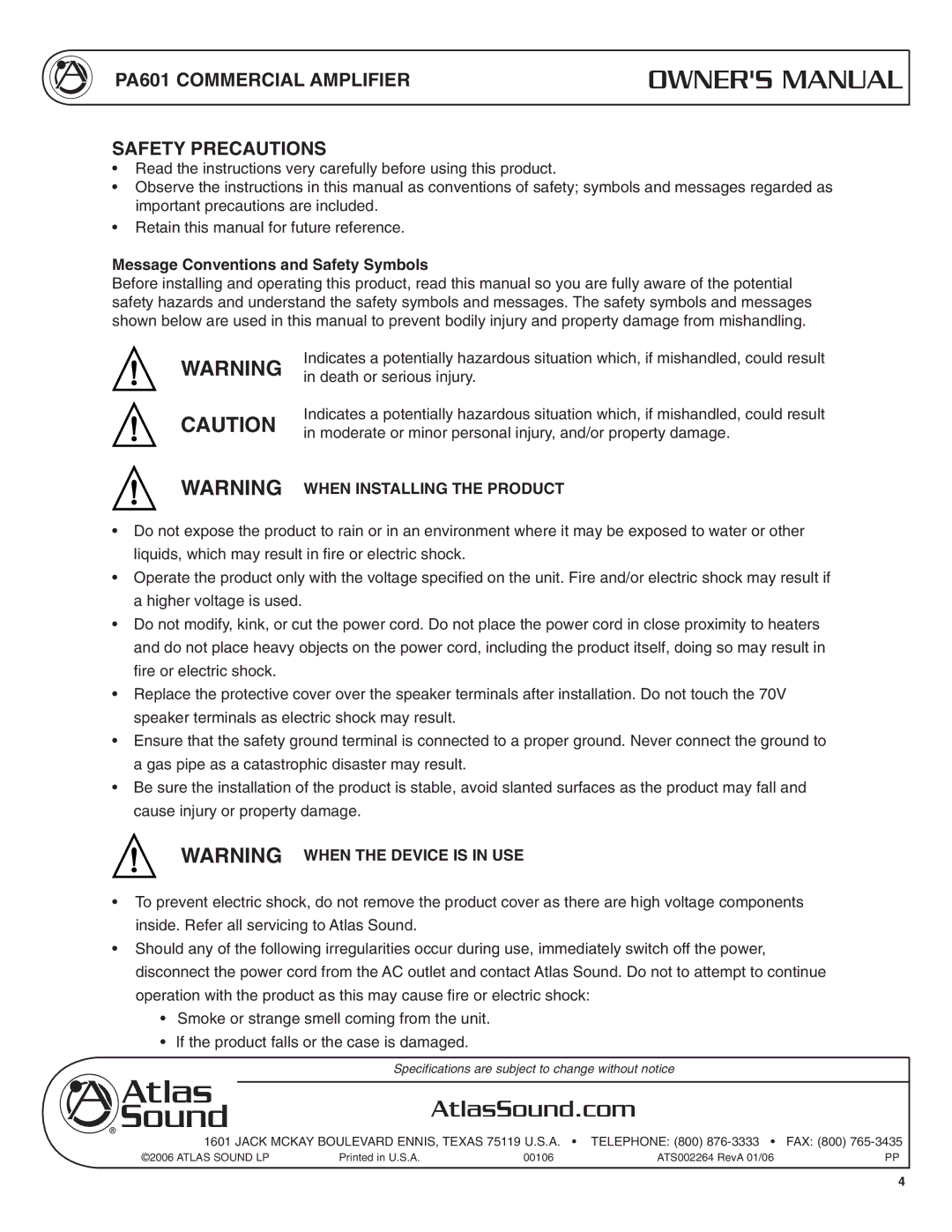 Atlas Sound specifications PA601 Commercial Amplifier Safety Precautions, Message Conventions and Safety Symbols 