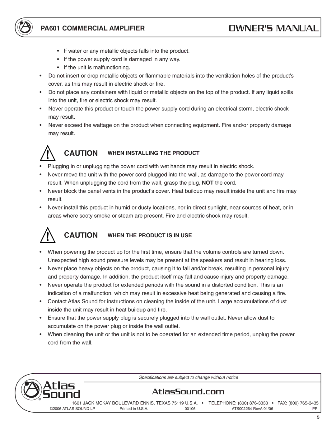 Atlas Sound PA601 specifications AtlasSound.com 