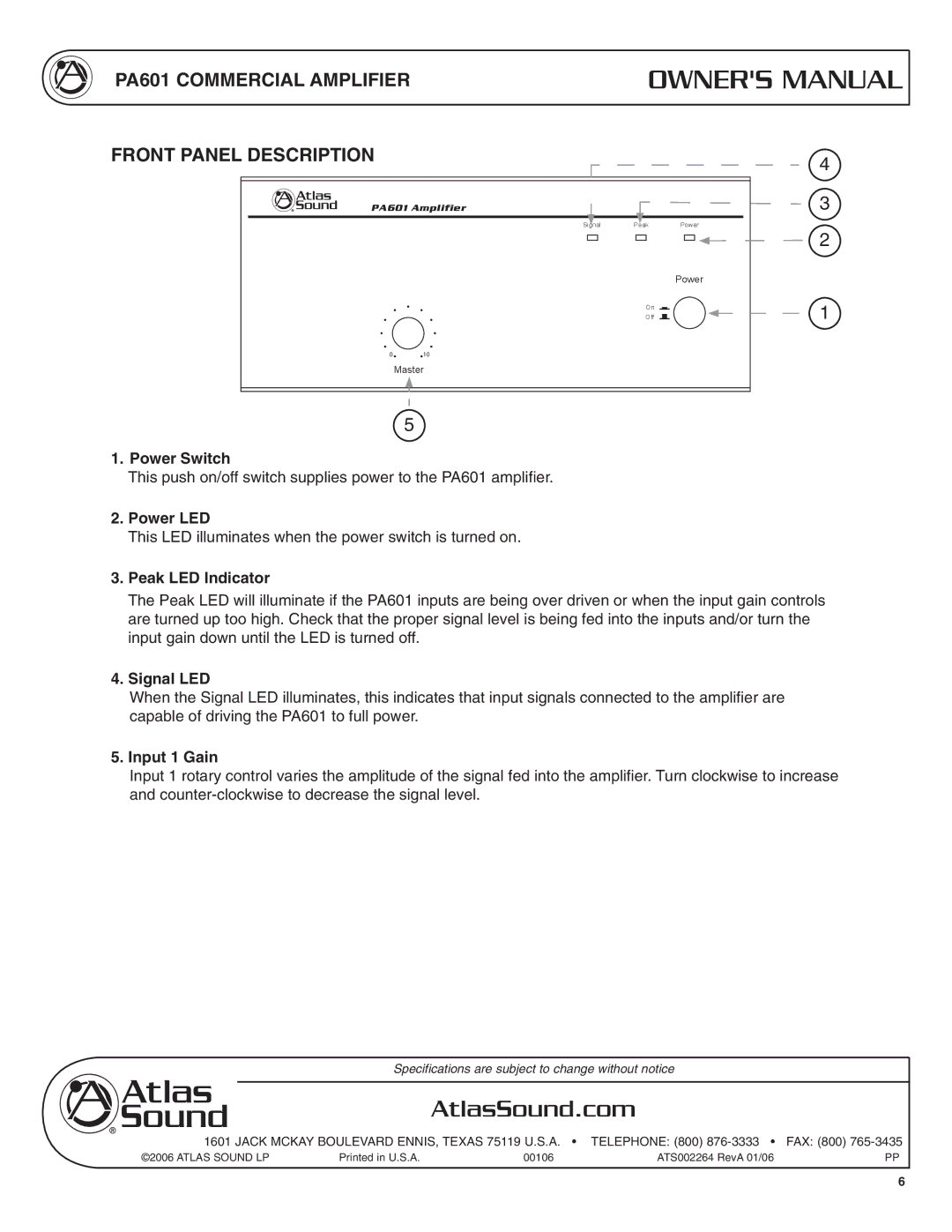 Atlas Sound specifications PA601 Commercial Amplifier Front Panel Description 