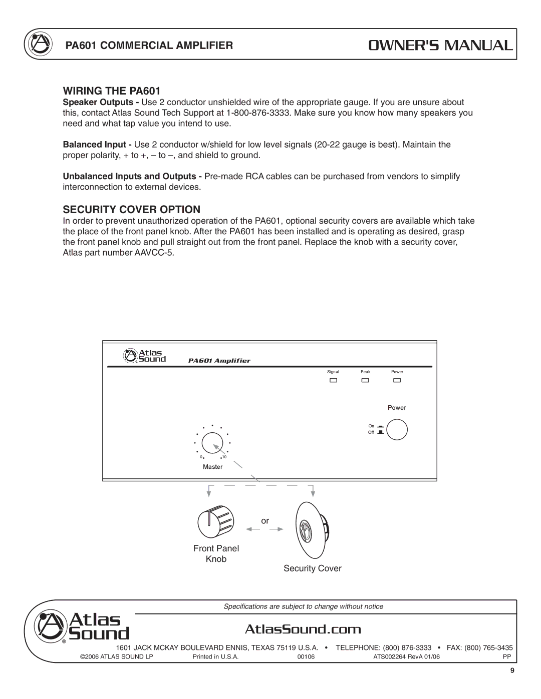 Atlas Sound specifications PA601 Commercial Amplifier Wiring the PA601, Security Cover Option 