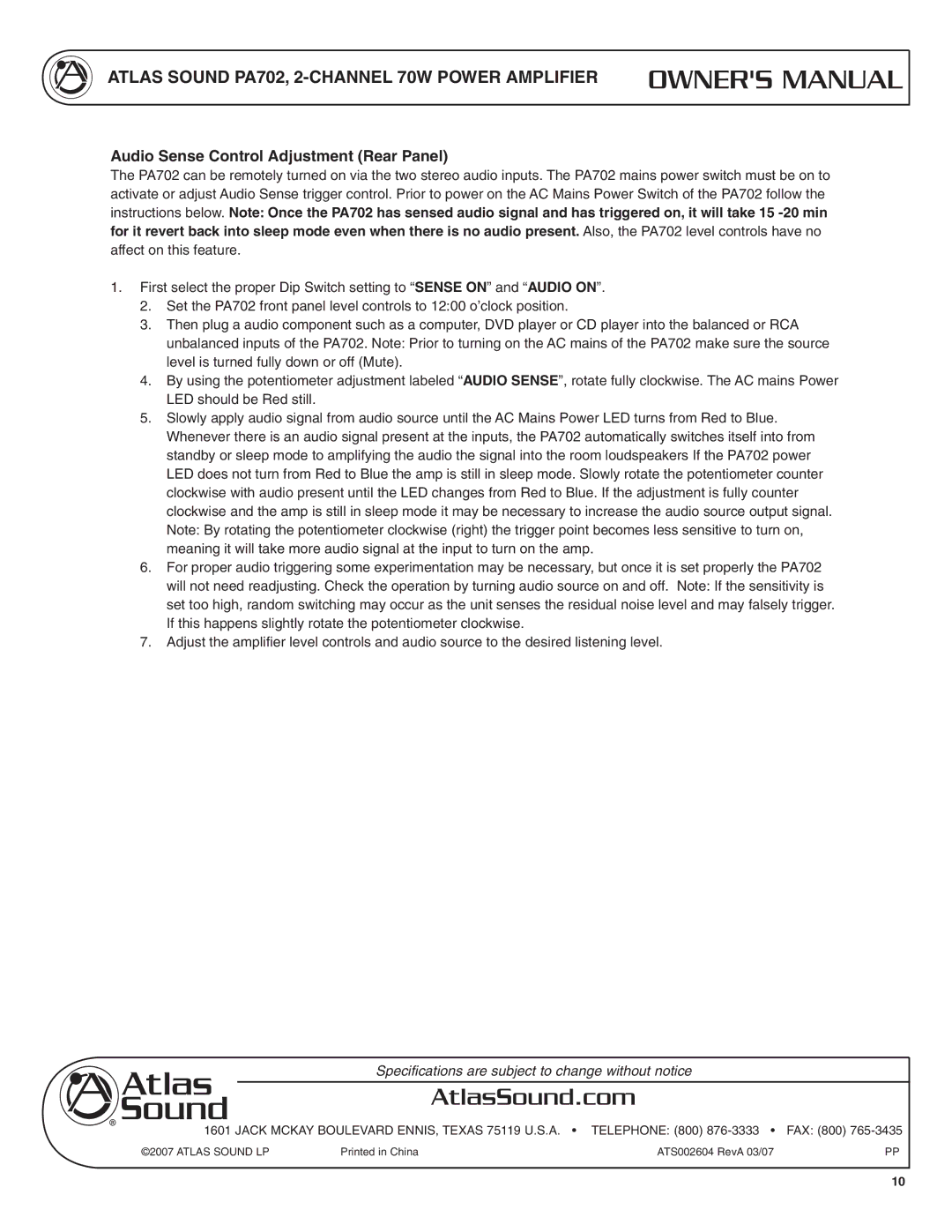 Atlas Sound PA702 specifications Audio Sense Control Adjustment Rear Panel 
