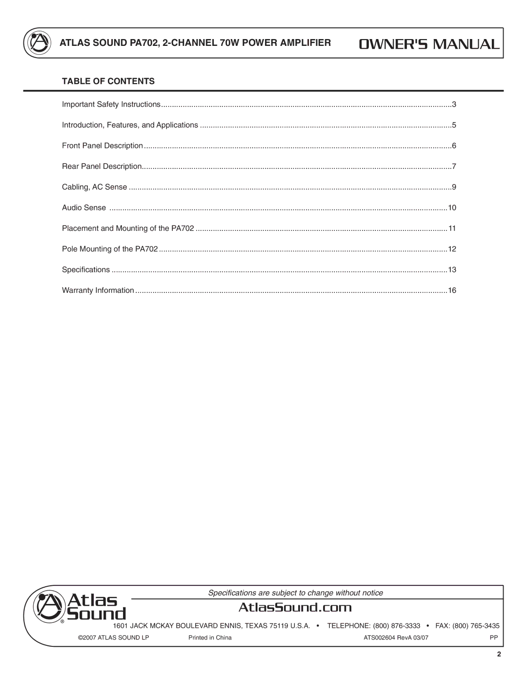 Atlas Sound specifications Atlas Sound PA702, 2-CHANNEL 70W Power Amplifier, Table of Contents 