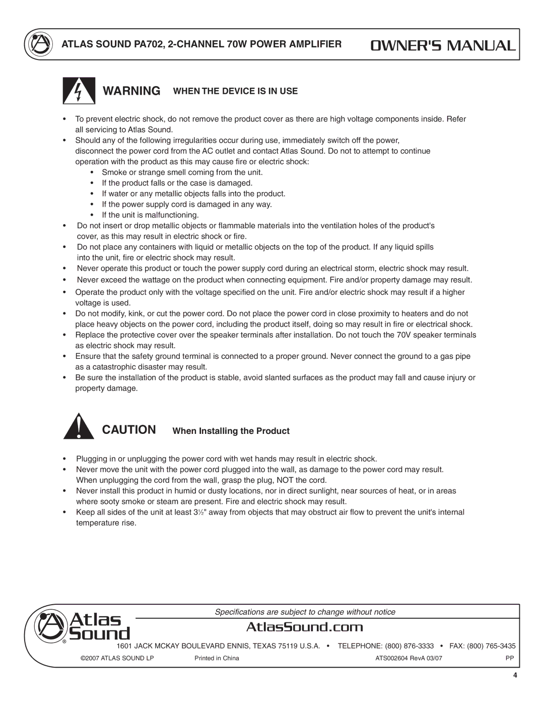 Atlas Sound PA702 specifications AtlasSound.com 