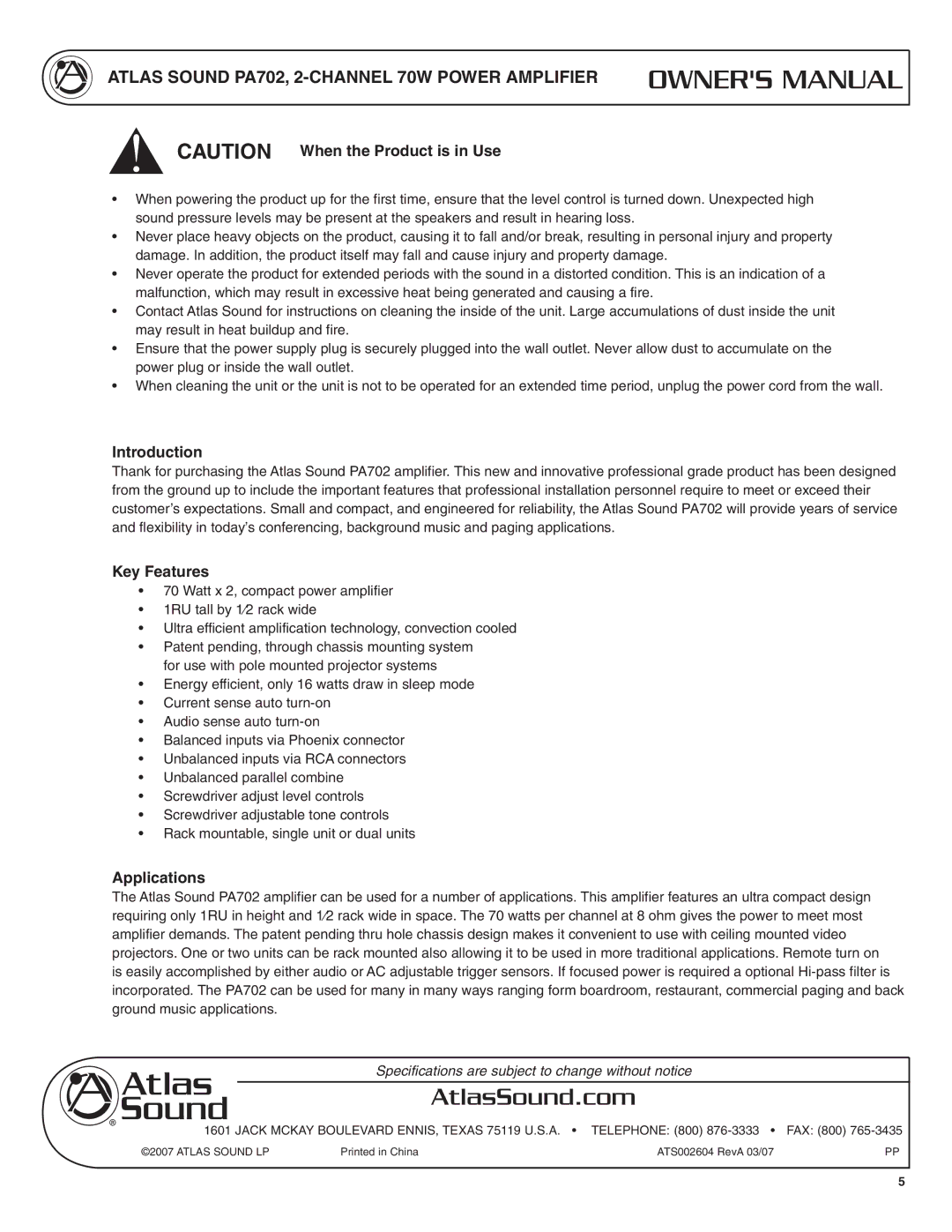 Atlas Sound PA702 specifications Introduction, Key Features, Applications 