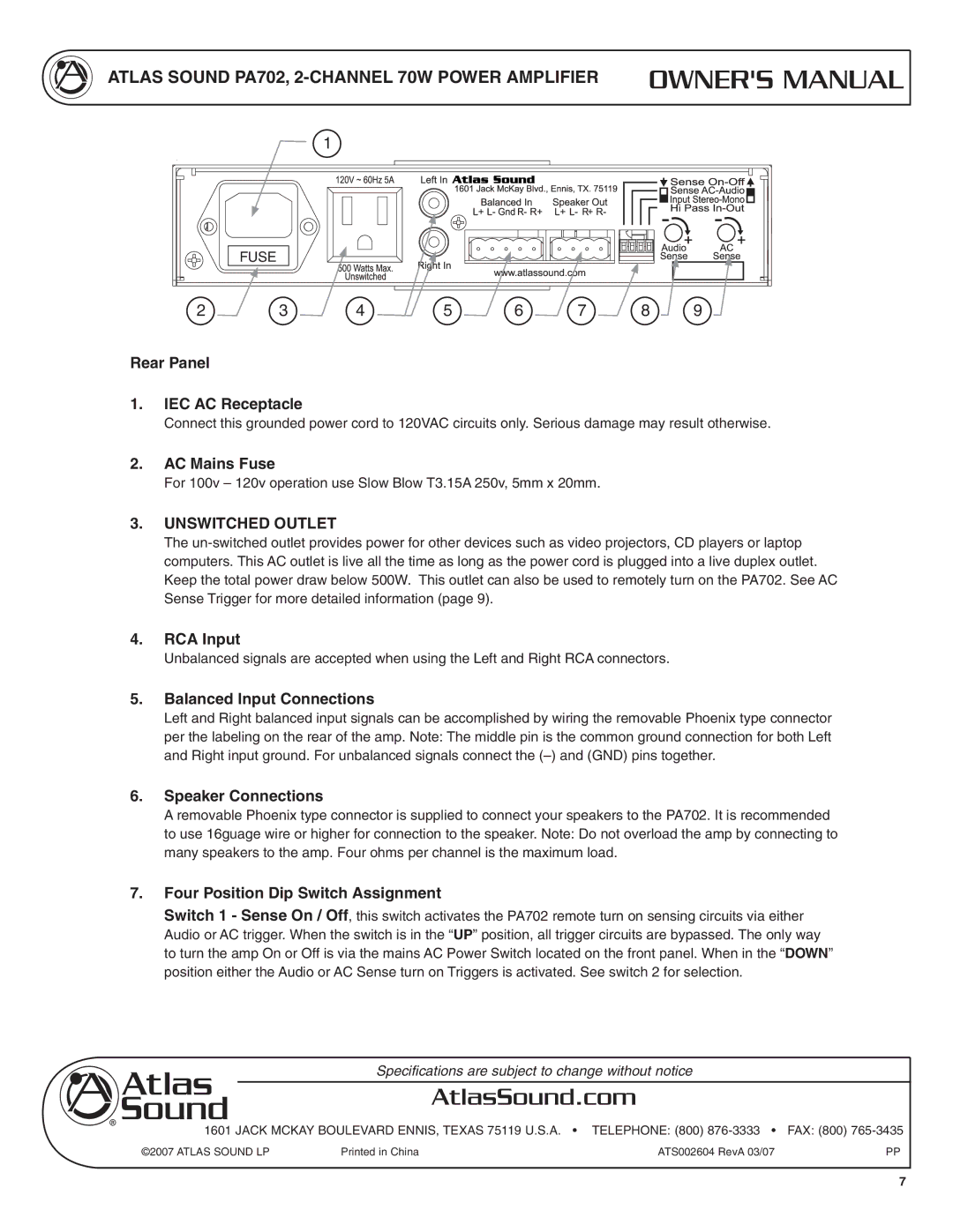 Atlas Sound PA702 specifications Unswitched Outlet 