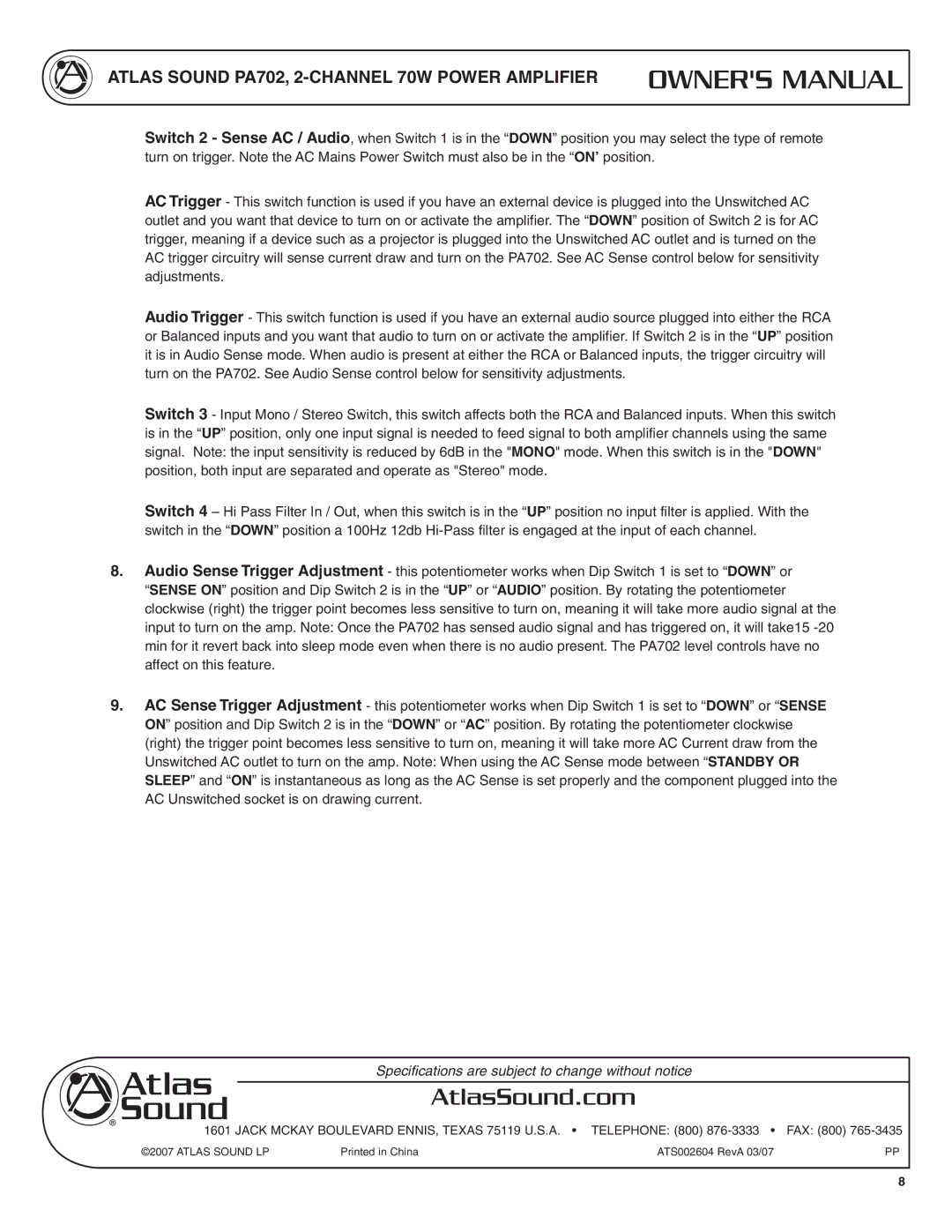 Atlas Sound PA702 specifications AtlasSound.com 