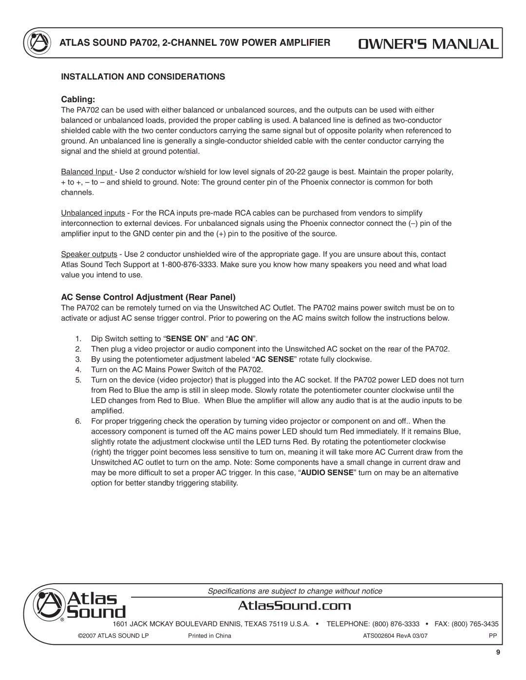 Atlas Sound PA702 specifications Installation and Considerations, Cabling, AC Sense Control Adjustment Rear Panel 