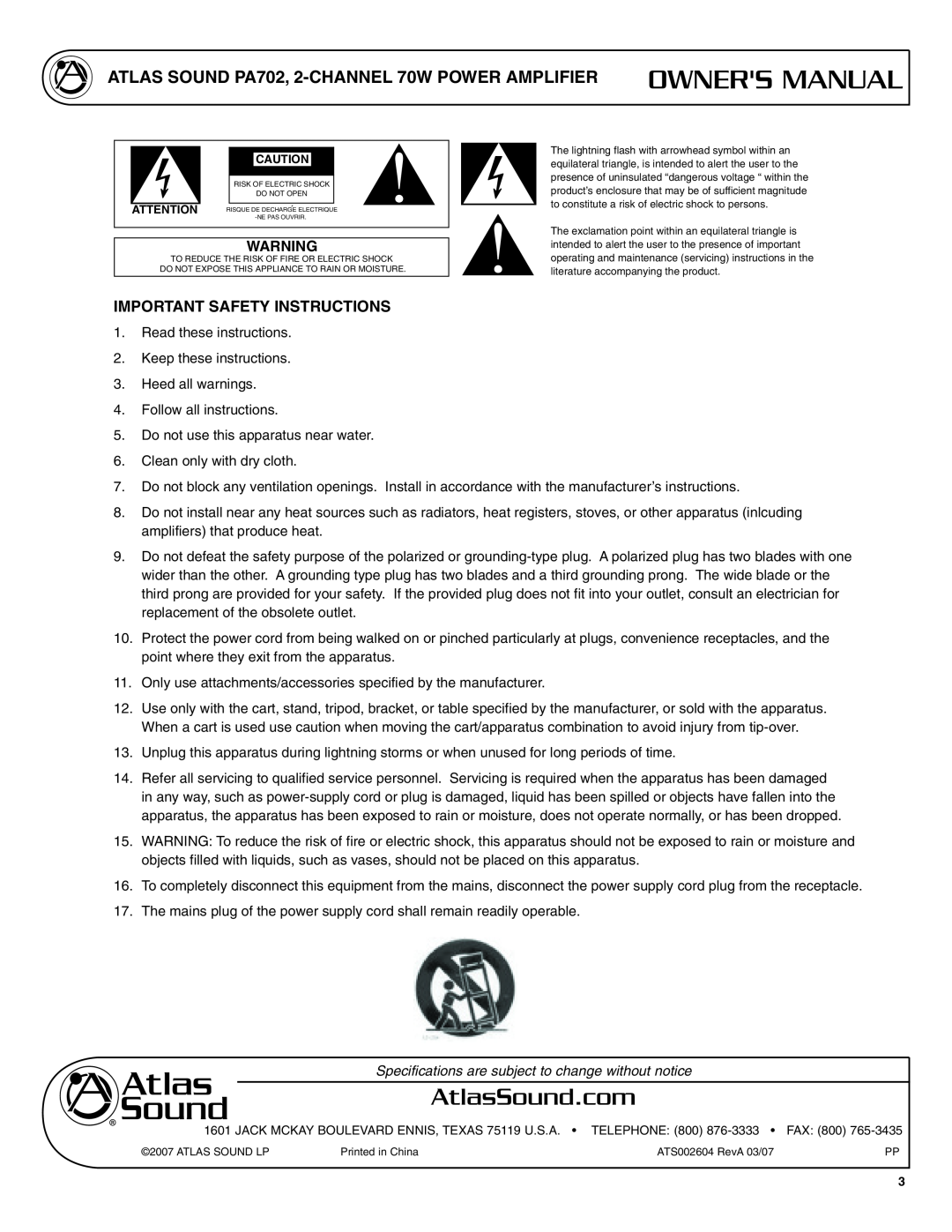 Atlas Sound PA702 specifications Important Safety Instructions 