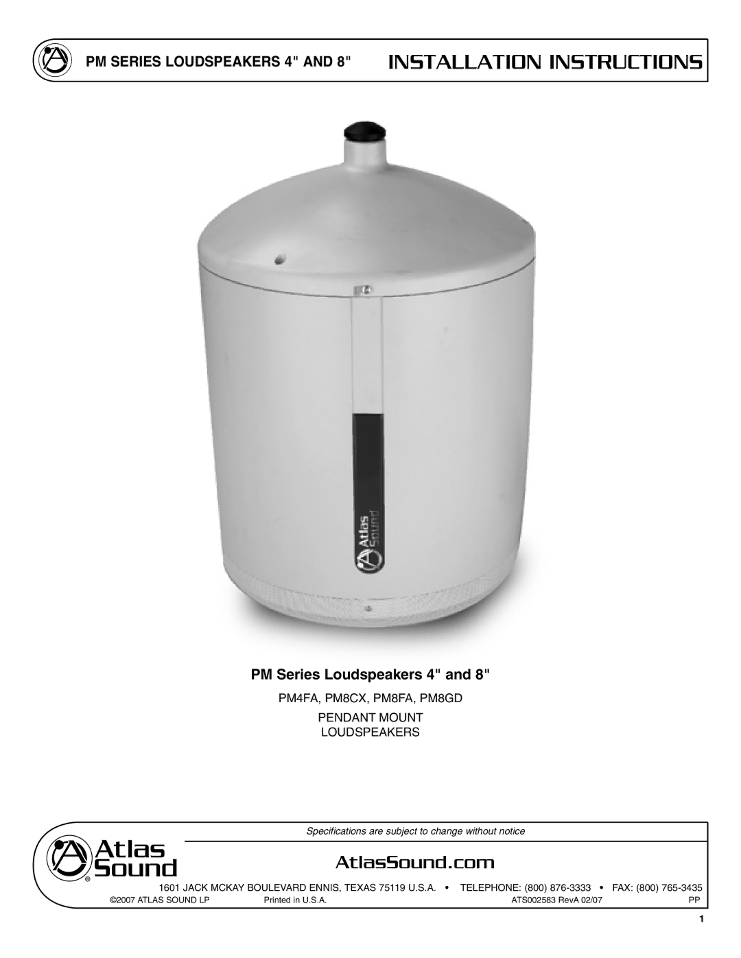 Atlas Sound specifications PM Series Loudspeakers 4 and 8 Installation Instructions 