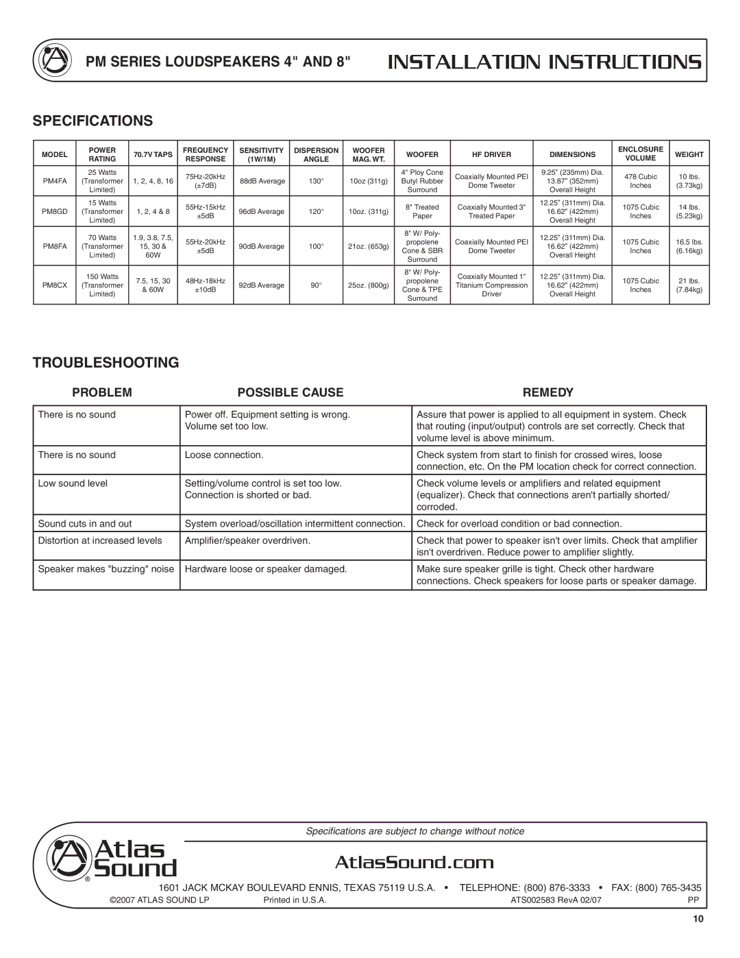 Atlas Sound PM Series specifications Specifications, Troubleshooting 