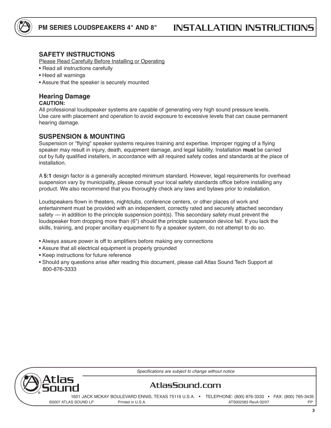 Atlas Sound PM Series specifications Hearing Damage, Suspension & Mounting 