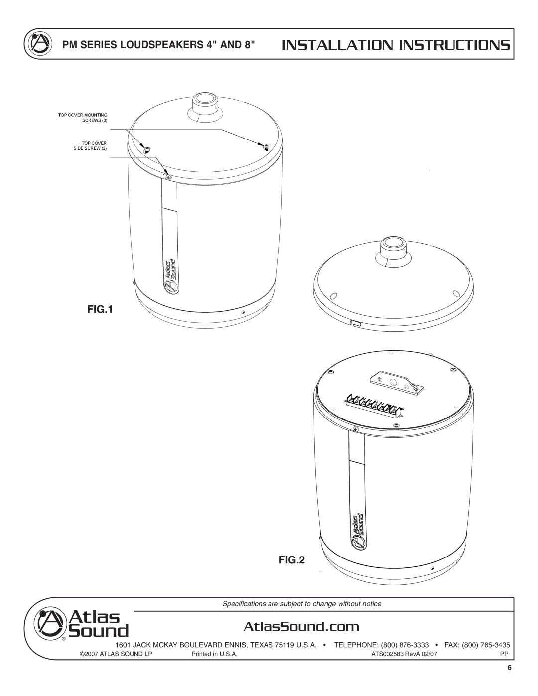 Atlas Sound PM Series specifications TOP Cover Mounting Screws Side Screw 