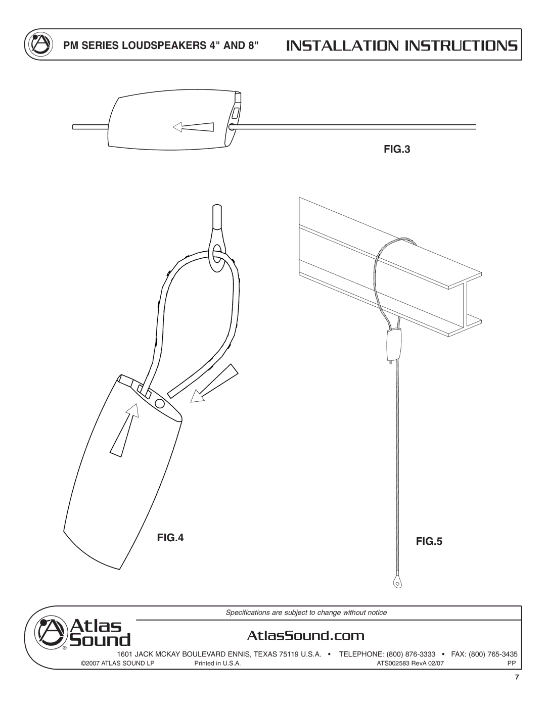 Atlas Sound PM Series specifications AtlasSound.com 