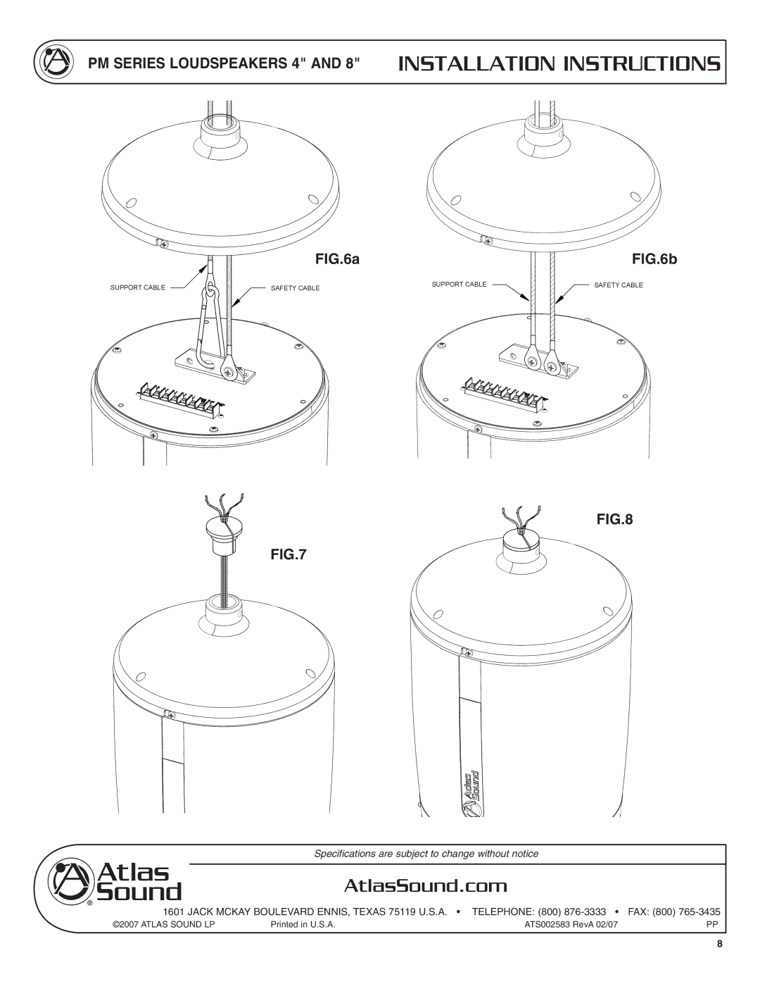 Atlas Sound PM Series specifications Support Cable Safety Cable 