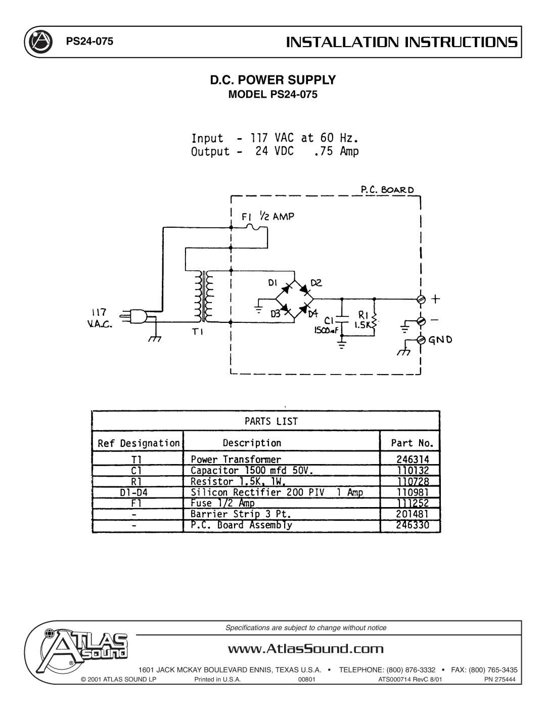 Atlas Sound specifications Installation Instructions, Power Supply, Model PS24-075 