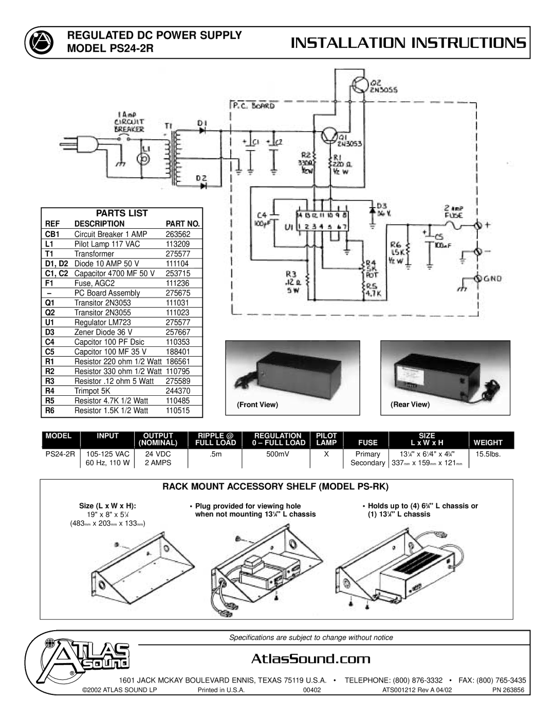 Atlas Sound PS24-2R installation instructions Installation Instructions, AtlasSound.com, Parts List, Description CB1 