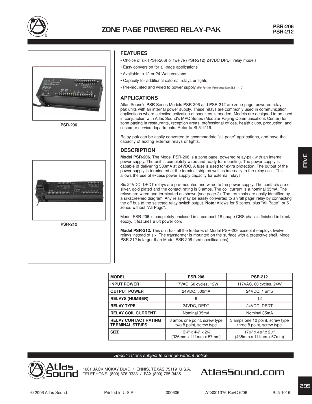 Atlas Sound PSR-206, PSR-212 specifications Features, Applications, Description 