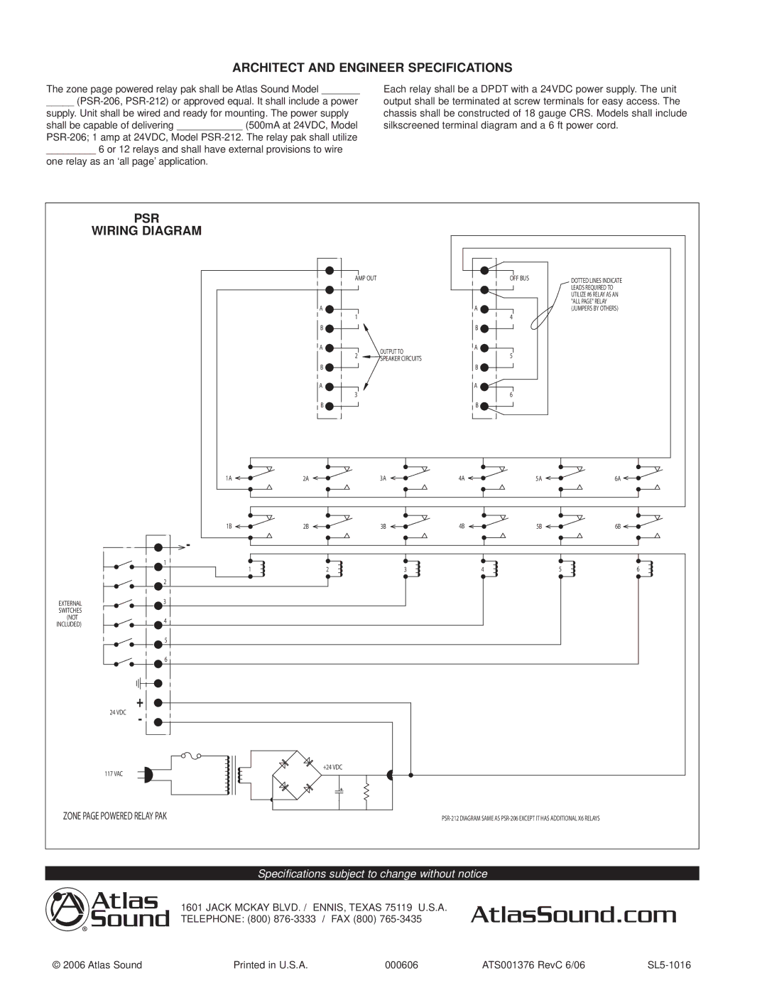 Atlas Sound PSR-212, PSR-206 specifications Architect and Engineer Specifications, PSR Wiring Diagram 