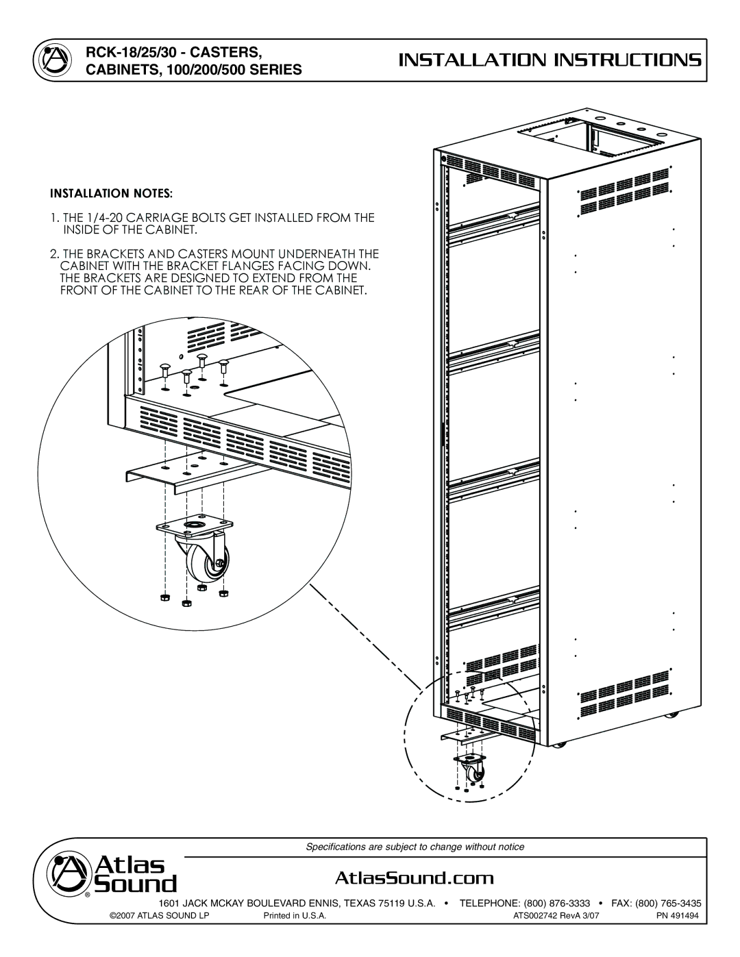 Atlas Sound RCK-18/25/30 installation instructions Installation Instructions, AtlasSound.com, Installation Notes 